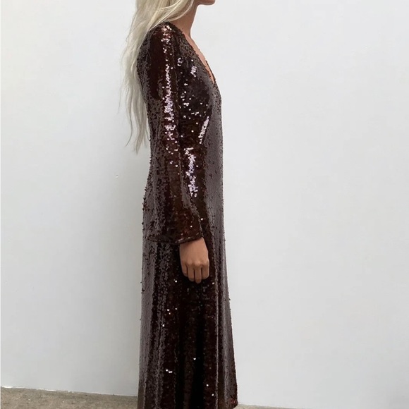 NEW! ZARA Limited Edition Sequin Maxi Dress Burgundy Maroon Red SZ S - Picture 4 of 12